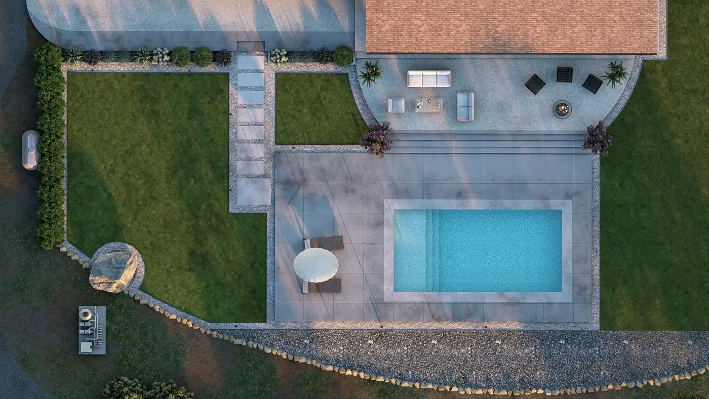3D design rendering of a backyard with a pool, patio and lawn