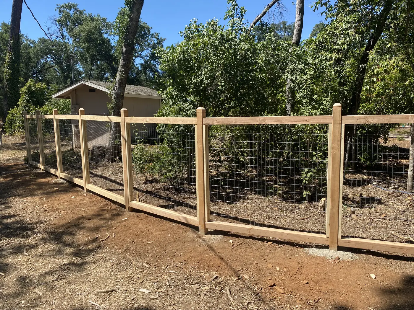 Wood and wire fence along a backyard