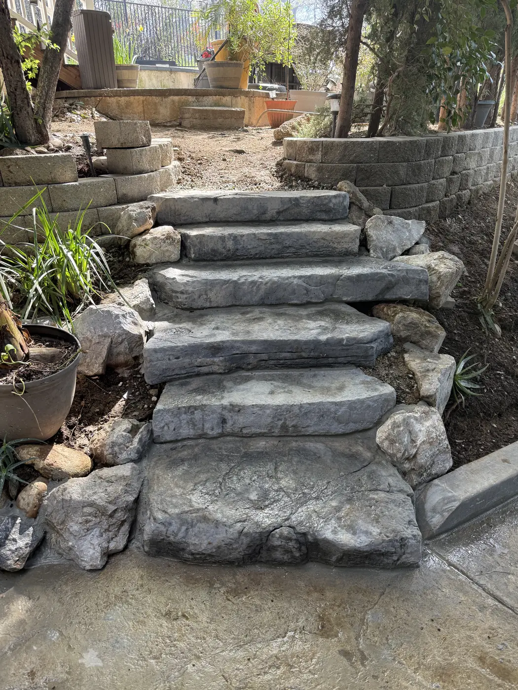 Stone steps leading up through a garden